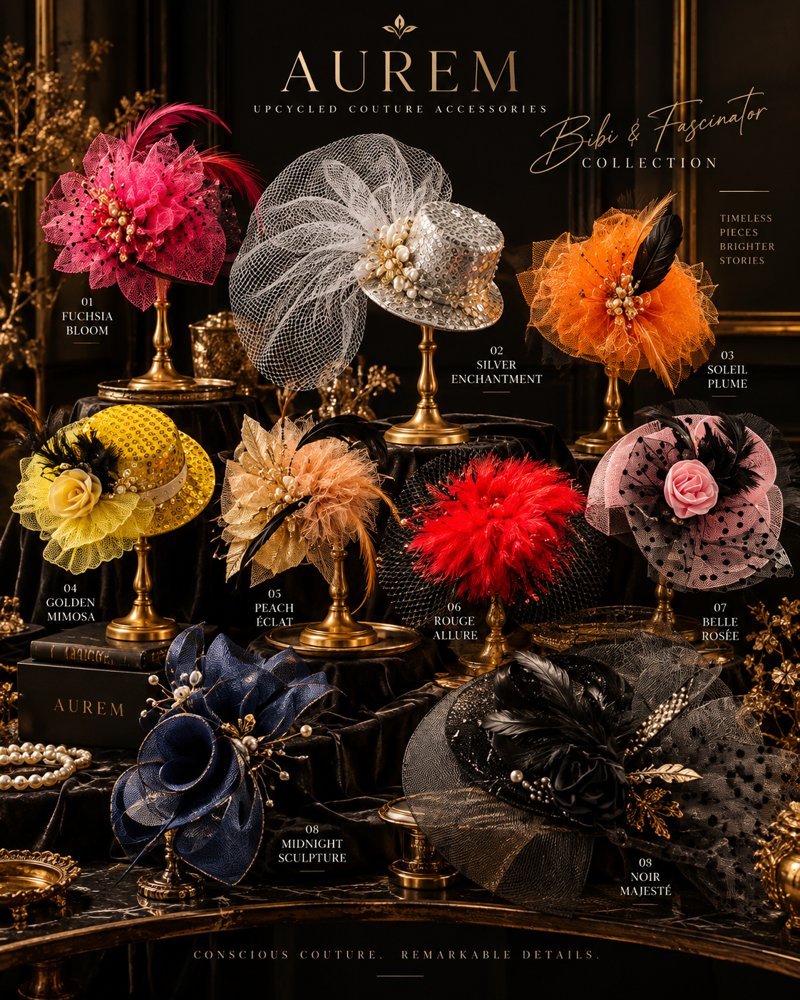 Collection de bibis AUREM, plumes, dentelle et voilettes.
