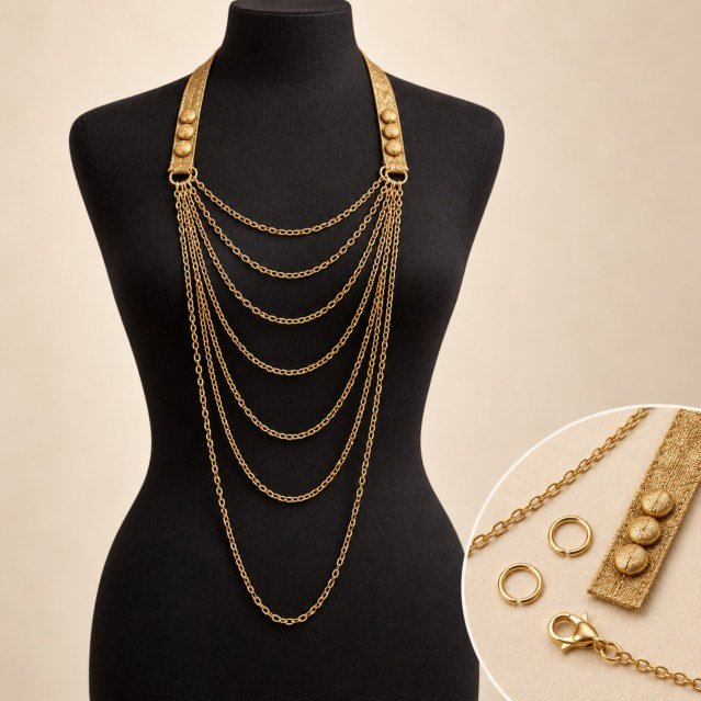 Collier cascade · Sept rangs de chaînes dorées