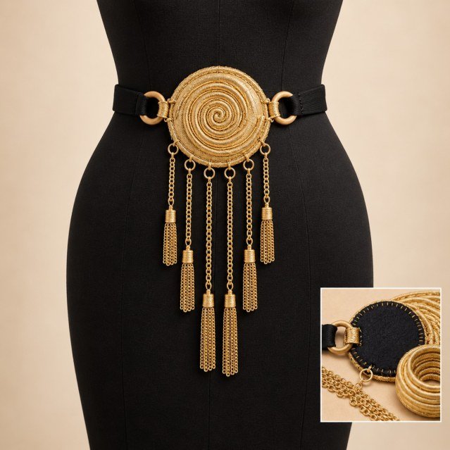 Médaillon de taille · Spirale dorée et franges de chaîne