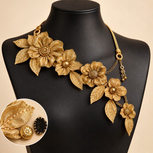 Collier fleuri · Fleurs et feuilles dorées